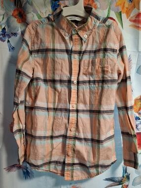 Janie and Jack Peach Plaid Button-Down Shirt with Blue and Green Stripes Size 6
